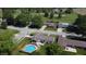 Expansive aerial shot showcasing a suburban neighborhood with tree-lined streets and inviting homes with a pool in the backyard at 4625 Woodcrest Dr, Columbus, IN 47203