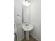 Bathroom featuring a pedestal sink, a large mirror, and modern fixtures, providing a clean and functional space at 5151 Climbing Rose Pl, Indianapolis, IN 46254