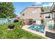 Backyard patio with a fire pit, outdoor seating, and manicured lawn at 580 Northgate Dr, Greenwood, IN 46143