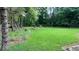 Large, grassy backyard with mature trees, firepit, and fence surrounded by a forest at 6396 Granny Smith Ln, Avon, IN 46123