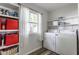 Well-organized laundry room with a washer, dryer, and shelving, providing a practical and efficient space at 7935 N County Road 650 E, Brownsburg, IN 46112