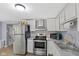 Modern kitchen boasts stainless steel appliances, granite counters, and bright white cabinets at 938 N Tuxedo St, Indianapolis, IN 46201
