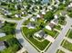 Beautiful aerial view of a residential neighborhood with lush green lawns, mature trees, and a serene lake at 101 Meadowview Dr, Mooresville, IN 46158