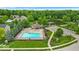 Aerial view of a neighborhood with a community pool, clubhouse, pond, and green landscaping at 10515 Sugar Ridge Way, Indianapolis, IN 46239