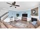 A bright living room with a fireplace, staircase access, wood flooring, and comfortable seating at 10515 Sugar Ridge Way, Indianapolis, IN 46239