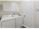 Laundry room with white washer, dryer, cabinets, and a white door at 15409 Heath Cir, Westfield, IN 46074