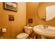 Powder room featuring a pedestal sink, toilet, and decorative mirror at 2017 Rhettsbury St, Carmel, IN 46032