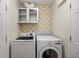 Bright laundry room features modern washer and dryer set and whimsical wallpaper at 5216 Lakeside Manor Blvd, Indianapolis, IN 46254