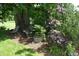 Secluded backyard setting with mature trees, patio furniture and decorative birdhouse at 1065 Lakewood South Dr, Brownsburg, IN 46112