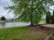 This backyard overlooks a peaceful pond, beautifully framed by mature trees and meticulously maintained landscaping at 11070 Long Lake Ln, Fishers, IN 46037