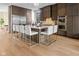 Stylish kitchen featuring a large island with seating, dark cabinetry, and modern appliances at 1818 N Pennsylvania St, Indianapolis, IN 46202