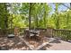 Outdoor dining area featuring a circular table and seating with views of the tree line at 9601 Irishmans Run Ln, Zionsville, IN 46077
