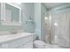 Serene bathroom featuring calming blue walls, a glass enclosed shower, and modern fixtures at 9973 Woods Edge Dr, Fishers, IN 46037