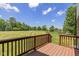 Serene backyard view from the wooden deck, showcasing lush greenery and a well-maintained lawn and distant fence at 12772 Tram Ln, Carmel, IN 46032
