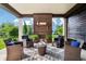 Inviting covered patio area with brick fireplace and comfortable seating around a woven table at 1521 Avondale Dr, Westfield, IN 46074