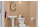 Cozy half-bathroom featuring a pedestal sink, decorative mirror, and toilet with rustic accents at 4157 Taunton Ct, Plainfield, IN 46168