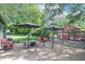 Backyard with a well-maintained yard, gazebo, a patio table, and several red chairs at 5315 Camden St, Indianapolis, IN 46227