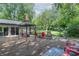 Landscaped backyard with a patio set, mature trees, and well-maintained deck at 5315 Camden St, Indianapolis, IN 46227