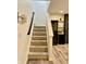 Carpeted staircase with white risers and a dark handrail, adjacent to a finished basement at 6927 Havenmoor Pl, Indianapolis, IN 46250