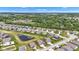 A high-angle view showcasing a community with single-Gathering homes near a pond surrounded by green trees at 8044 Yarmouth Way, Indianapolis, IN 46239