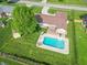 Aerial view of backyard featuring in-ground pool, mature trees, and patio with pergola at 8209 Burn Ct, Indianapolis, IN 46217