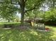 Spacious backyard with mature trees, playground, and benches at 828 N Clarkdale Dr, Muncie, IN 47304