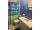 Bathroom featuring blue walls and a shower with a palm tree shower curtain at 828 N Clarkdale Dr, Muncie, IN 47304