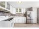 Renovated kitchen featuring white cabinetry, modern appliances, and mosaic backsplash at 829 Meadow Ln, Greenfield, IN 46140