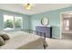Bright bedroom with blue walls, a dresser, and a window overlooking greenery at 848 Silverheels Dr, Westfield, IN 46074
