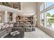 Open-concept living room with high ceilings, large windows, and a view of the kitchen at 1102 Clearwell Dr, Greenwood, IN 46143