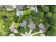 Overhead shot of a suburban home with a well-maintained yard, pool, mature trees, and circular driveway at 11987 Quarry Ct, Fishers, IN 46037