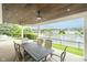 Covered patio featuring a dining table and scenic waterfront views with a well-maintained lawn at 12192 Woods Bay Pl, Carmel, IN 46033