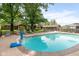 An in-ground backyard pool features a basketball net, chairs and is bordered by luscious trees at 15812 Joliet Rd, Westfield, IN 46074