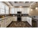 Kitchen with white cabinets, stainless steel appliances, granite counters and tile backsplash at 2016 Central Ave, Indianapolis, IN 46202