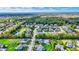 Aerial view of a residential area with tree-lined streets, manicured lawns, and a small pond at 14458 Smickle Ln, Carmel, IN 46033