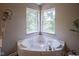 Bright bathroom features a corner soaking tub with natural light from two windows at 17635 Willow Creek Way, Westfield, IN 46074