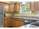 Functional kitchen with wood cabinetry, modern appliances, and a bright window, offering ample storage and natural light at 2233 Washington St, Columbus, IN 47201