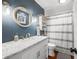 Stylish bathroom with a white vanity, marble countertop, and blue walls at 3701 Sandy Hook Dr, Columbus, IN 47203