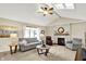 Bright living room with vaulted ceilings, skylights, and cozy stone fireplace at 5215 Limestone Ct, Indianapolis, IN 46237