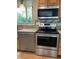 Stainless steel appliances include dishwasher, oven, and microwave, with decorative backsplash at 526 Emerson Rd, Carmel, IN 46032