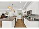 Modern kitchen boasts white cabinets, stainless steel appliances, and a spacious island with bar seating at 622 E 10Th St # 310, Indianapolis, IN 46202