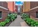 Charming walkway between buildings, featuring brick paving, vibrant landscaping, and a welcoming entrance to residences at 622 E 10Th St # 310, Indianapolis, IN 46202