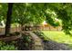 Lush backyard featuring a stone path, swing set, and privacy fence at 8140 Springwater W Dr, Indianapolis, IN 46256
