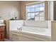 Close up of a bathtub with tiled walls and a large window with natural light at 8663 N Commonview Dr, McCordsville, IN 46055