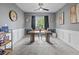Bright home office features wainscoting, contemporary lighting, and neutral tones for a productive workspace at 8663 N Commonview Dr, McCordsville, IN 46055