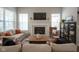 Spacious living room with a fireplace, large windows, and comfortable seating arrangement at 15557 Starflower Dr, Westfield, IN 46074