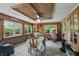 Light-filled sunroom with wood and brick accents, featuring a unique ceiling and shelving at 1914 S Avon Ave, Avon, IN 46123