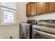 Convenient laundry room with modern front-loading washer and dryer with wood cabinets at 2020 N Park Ave, Indianapolis, IN 46202