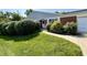 A well-manicured front yard featuring lush green grass, shrubs, and a walkway to the front door at 5491 Vin Rose Ln, Lawrence, IN 46226