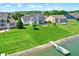 A stunning aerial view of the home on the lake with a dock that gives easy access for recreational fun at 6882 Bladstone Rd, Noblesville, IN 46062